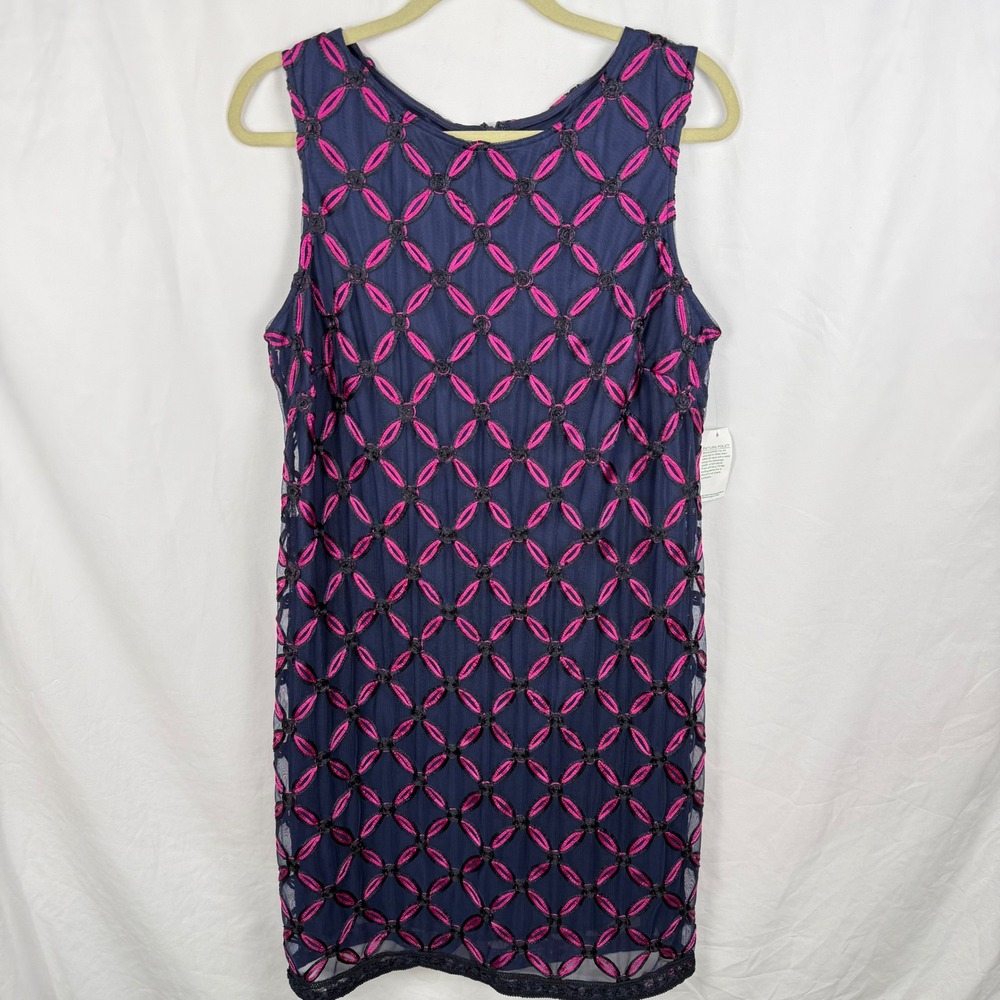 SLNY Navy Pink Lace Mesh Sleeveless Sheath Dress‎ Size 16 Classic Preppy Career